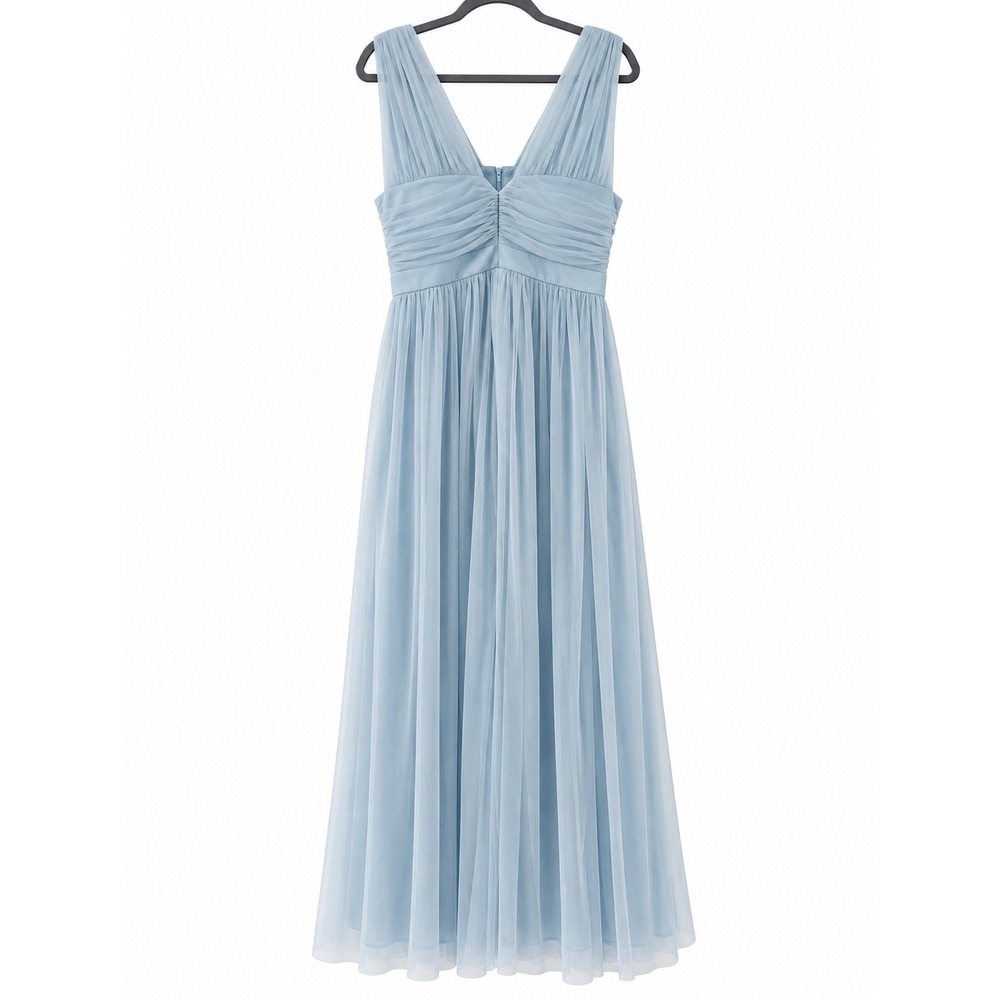 Lulus Maxi Dress Womens Medium Light Blue Tulle V-Neck Ruched Formal Gown
